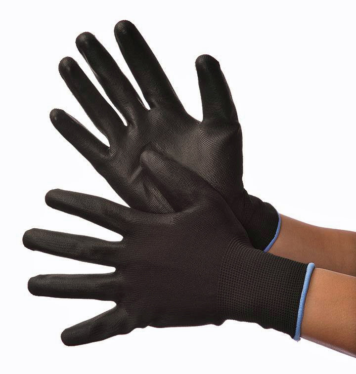 13 Gauge (Ultra Thin) Polyester String Knit Gloves w/ Polyurethane Coating - Black/Black - Size: Medium