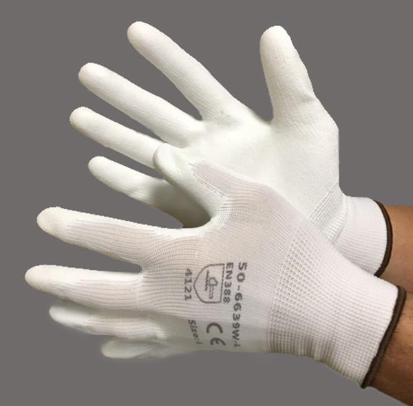 13 Gauge (Ultra Thin) Nylon String Knit Gloves w/ Polyurethane Coating - White/White - Size: XL