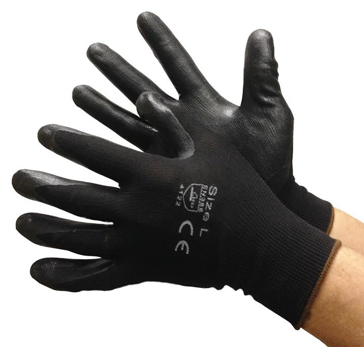 13 Gauge (Ultra Thin) Polyester String Knit Gloves w/ Nitrile Foam Coating - Black/Black - Size: XL