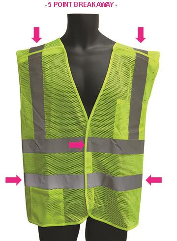 5-Point Breakaway Mesh Safety Vests - ANSI Class II Rating - Green - Size XL