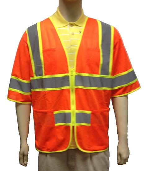 Short Sleeve Mesh Safety Vests - ANSI Class III Rating - Orange - Size Medium
