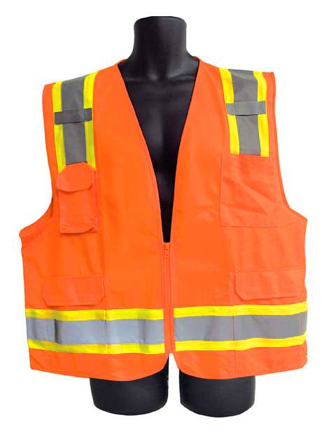 Flame Retardant Surveyor Safety Vests w/ Zipper Closure - ANSI Class II Rating - Orange - Size: XL
