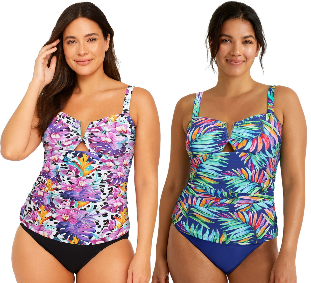Women's Printed Tankini w/ Adjustable Strap & Keywhole Open - Tropical Palm Tree Print - Size 8-16