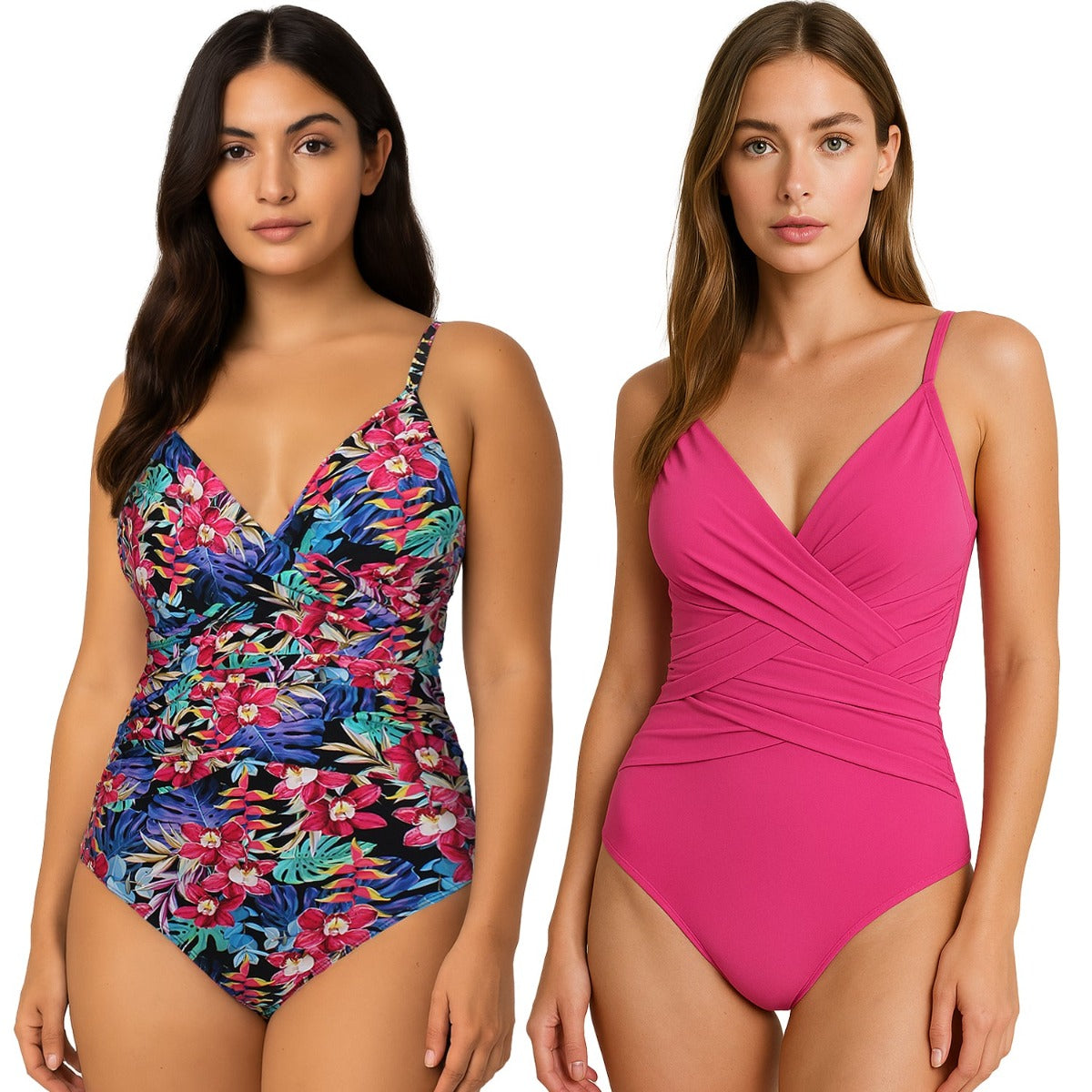 Women's Criss Cross One-Piece Swimsuit w/ Adjustable Straps - Solid Pink & Floral Print - Size 8-16