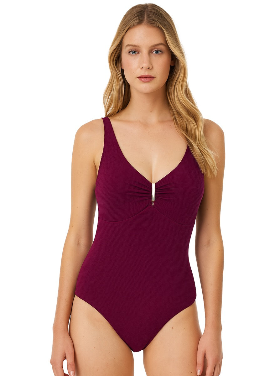 Women's One-Piece Jacquard Textured Swimsuit w/ V-Neckline - Burgundy - Sizes 8-16