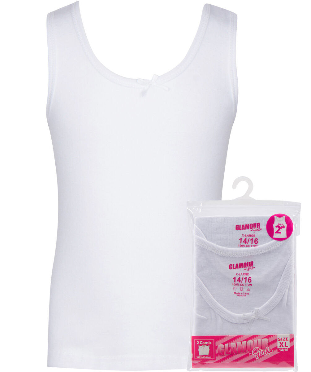 Girl's Sleeveless White T-Shirts w/ Ribbon Bow - 2-Pack