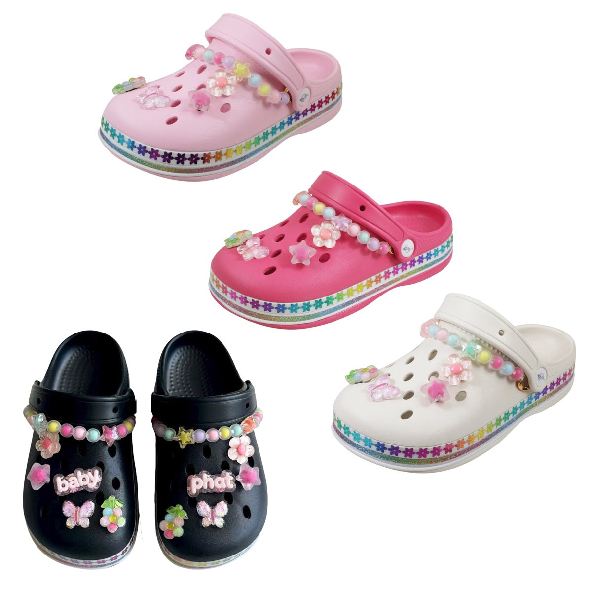 Girl's Vented Bubble Clogs w/ Embroidered Gummy Charms & Rainbow Floral Trim - Choose Your Color(s)