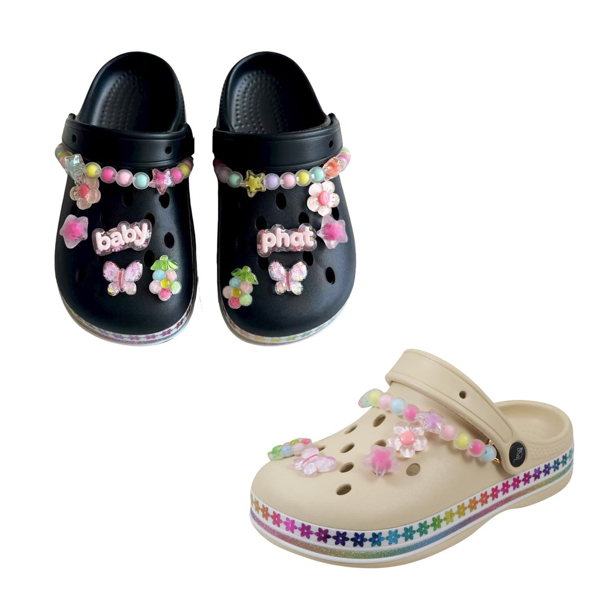 Toddler Girl's Vented Bubble Clogs w/ Embroidered Gummy Charms & Rainbow Floral Trim - Choose Your Color(s)