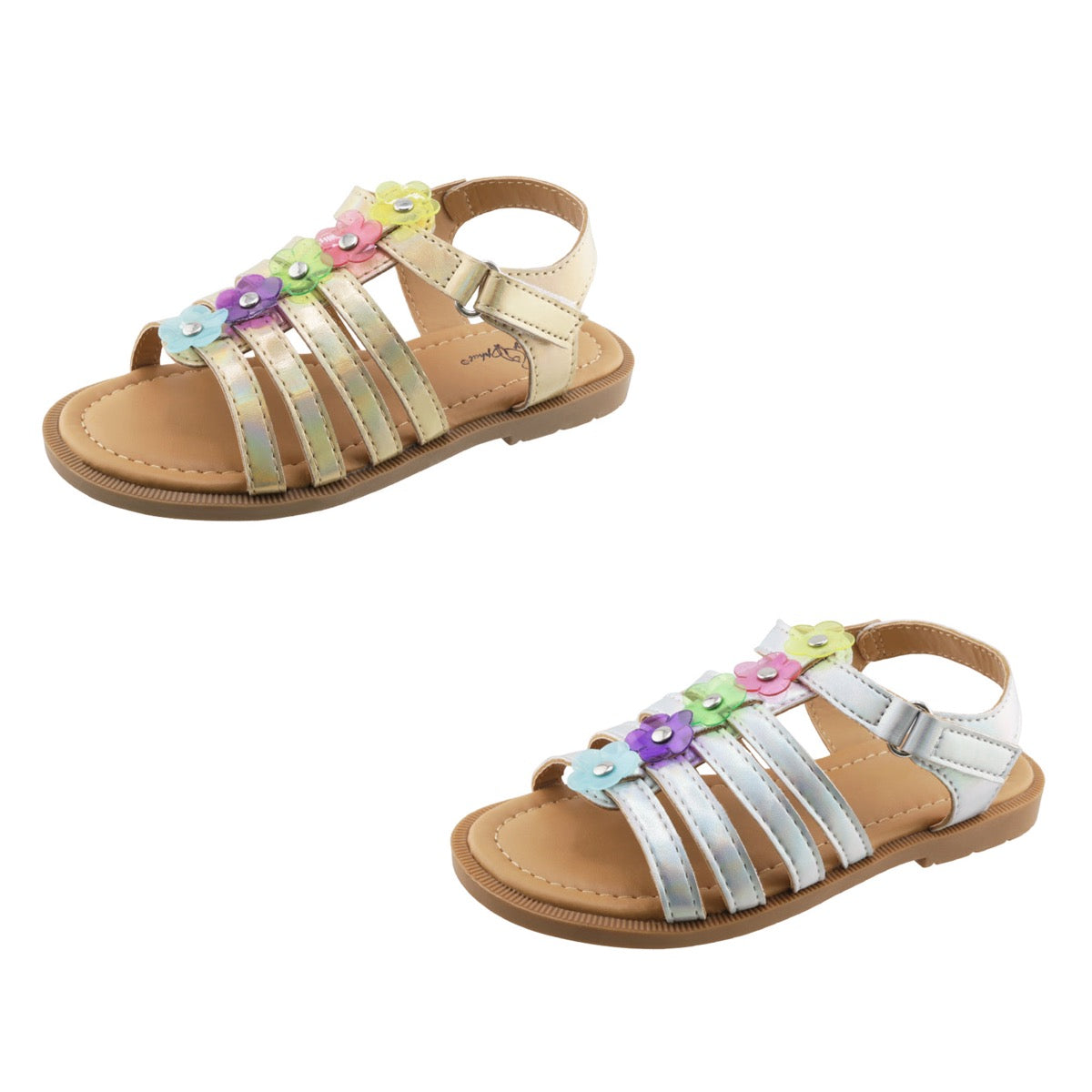 Toddler Girl's Metallic Gladiator Sandals w/ Embroidered Floral Studs - Choose Your Color(s)