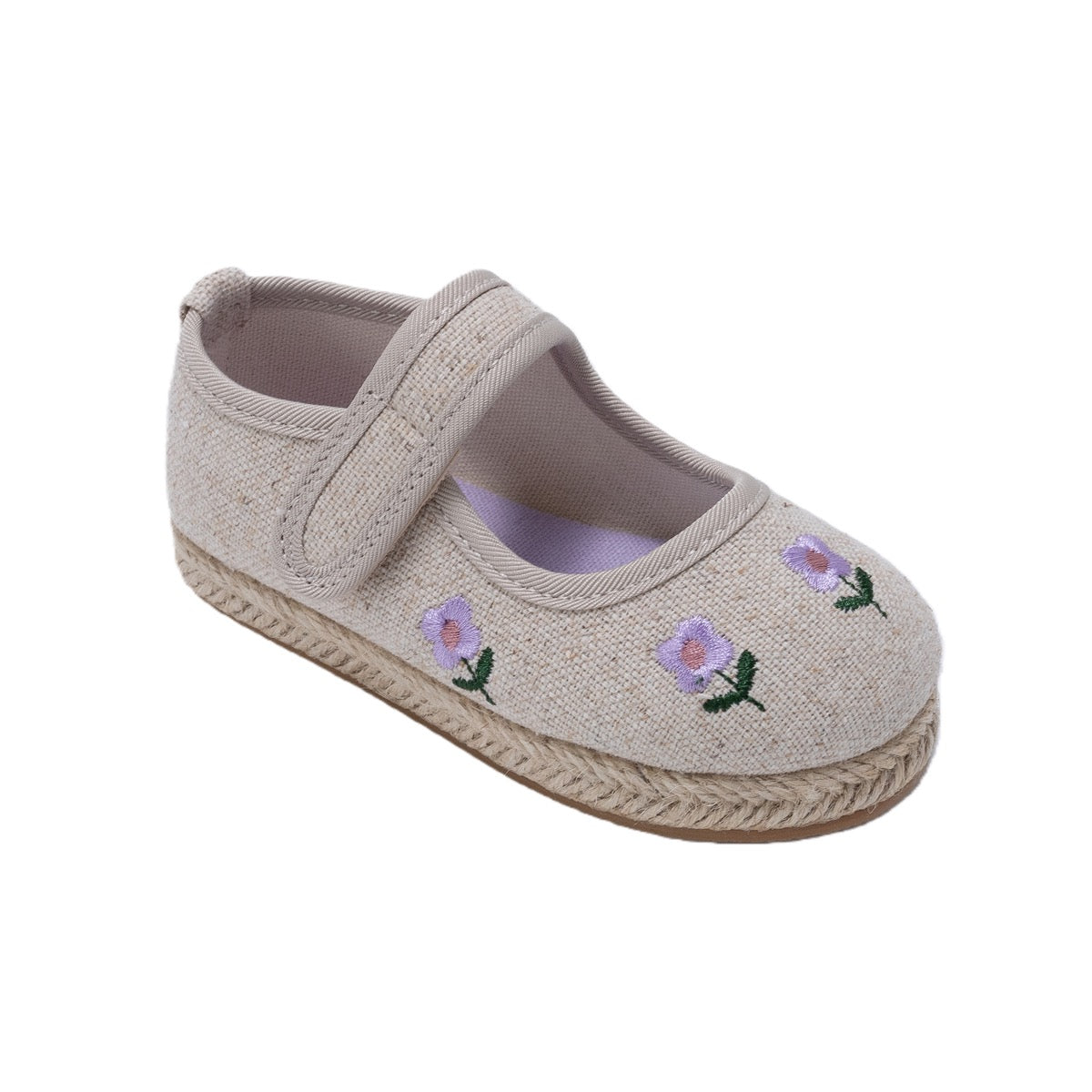 Toddler Girl's Ballet Flats w/ Embroidered Striched Floral Print - Tan