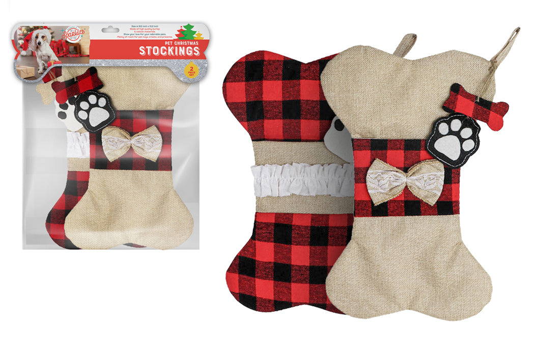 Burlap Bone-Shaped Christmas Stockings w/ Plaid Print & Embroidered Dog Paw - 2-Pack