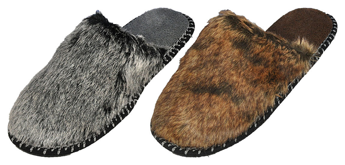 Men's Faux Fur Mule Bedroom Slippers w/ Sherpa Footbed