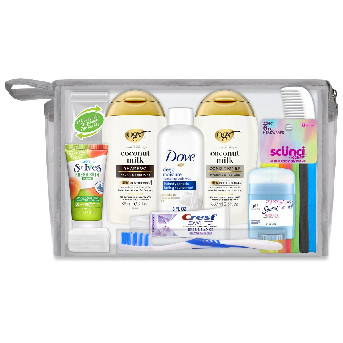 17 PC. Women's Deluxe OGX Coconut Milk Hair Care & Hygiene Travel Kit