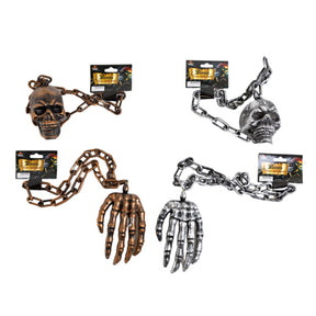 Chain W/hand Or Skull Dangle 19-21.5in Silver/bronze Colors Pirate/barbell