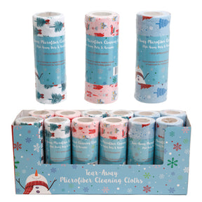 Cleaning Cloths 20pk Xmas Print Tear-away Roll Reusable 3ast In 24pc Pdq