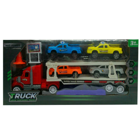 Transport Car Carrier Truck with Four Police Cars and Launch Ramp
