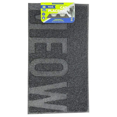 Mod Dog 24"x16" Rectangular Black Feeding Mat with Meow Design