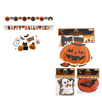 Banner/cutouts Paper Retro Halloween Decor 3ast 2x7ft Banners/10ct Cutouts Pbh