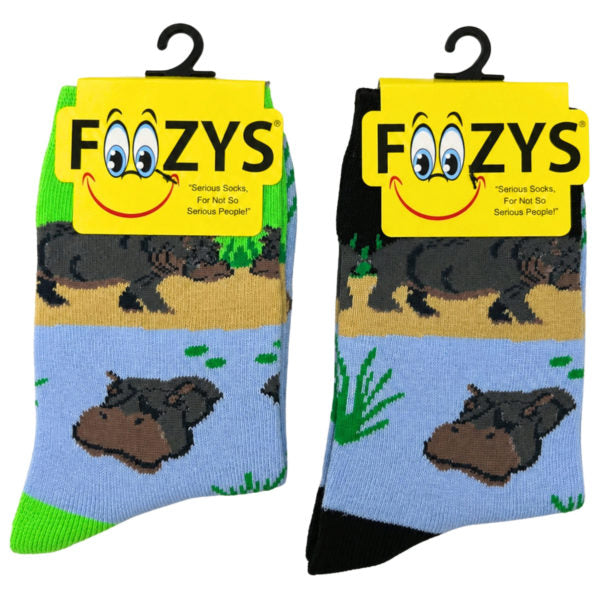 FOOZYS Crew Socks Assorted Black & Green with Hippo Design Size 9-11