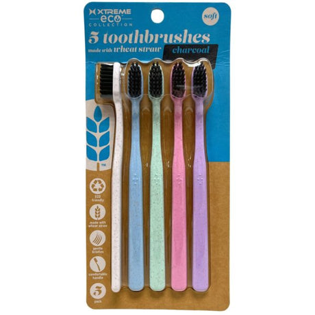 Xtreme Eco 5 Pack Wheat Straw Toothbrushes with Charcoal Soft Bristles