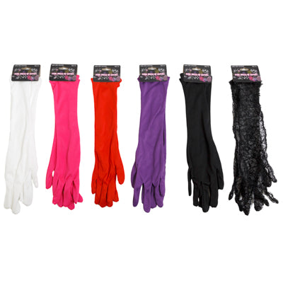 Gloves Long Dress-up 16in 6ast 5-polyester/1-lace Pbh Pink/white/blk/red/purple
