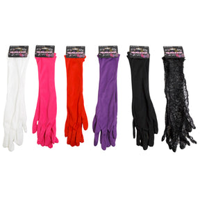 Gloves Long Dress-up 16in 6ast 5-polyester/1-lace Pbh Pink/white/blk/red/purple