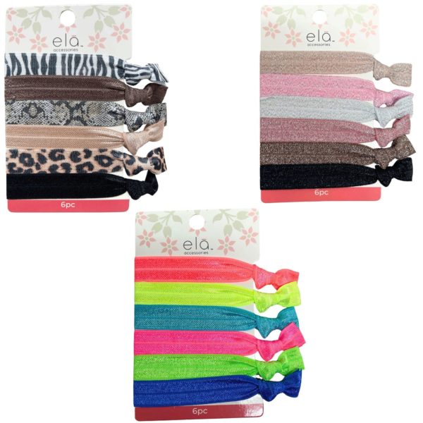 Ela 6 Pack Elastic Hair Ties with Knot Closures in Assorted Colors and Deisgns