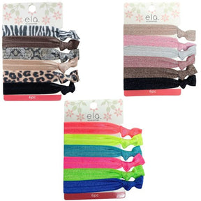 Ela 6 Pack Elastic Hair Ties with Knot Closures in Assorted Colors and Deisgns