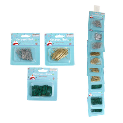 Ornament Hooks 100ct 1.5in 3asst Silver/gold/green On 12pc Display Strip/pb Sleeve