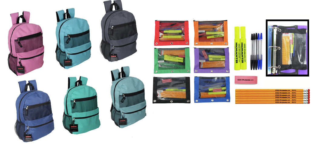 17" PureSport Mesh Pocket Backpacks & High School Supply Kit Sets