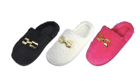 Women's Bedroom Faux Fur Mule Slippers w/ Embroidered Gold Chain - Assorted Colors