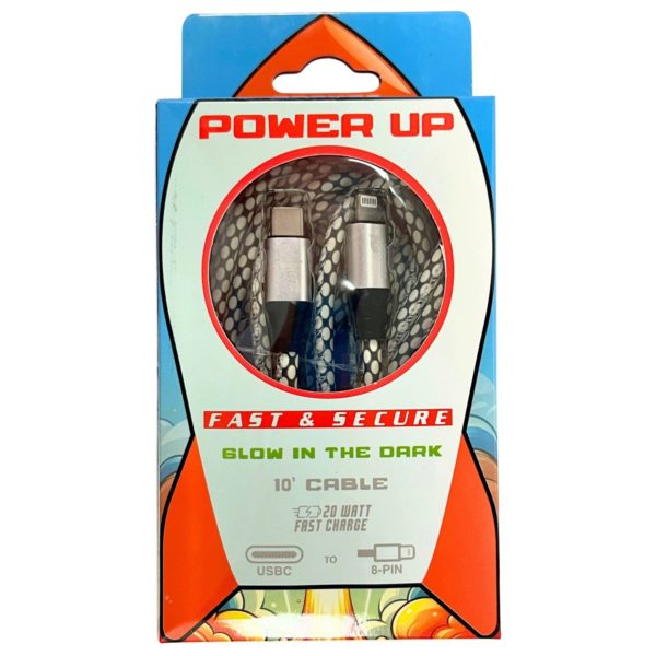 Rocket Charge 10 Foot Glow in the Dark USB C to iPhone 8 Pin Cable