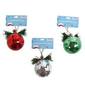Ornament Disco Ball W/greenery Accent 3in Silver/red/green Xmas Ht/open Opp Bag