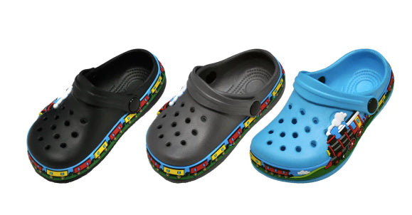 Toddler Vented Bubble Clogs w/ Adjustable Heel Strap & Train Print