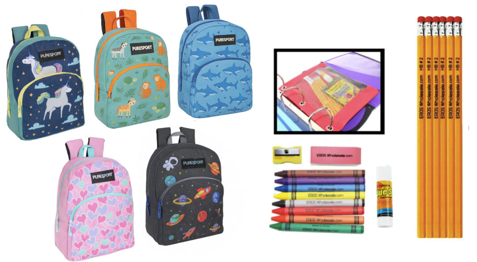 17" PureSport Assorted Printed Graphic Backpacks & Elementary School Supply Kit Sets
