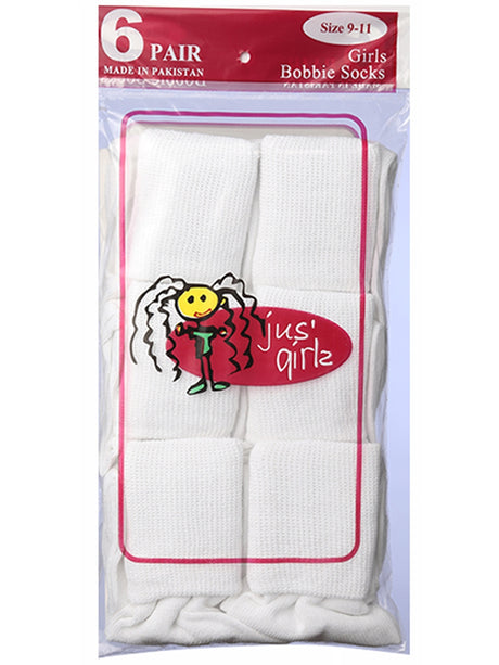 Girl's White Bobby Cuff Socks - Size 6-8 - 6-Pair Packs