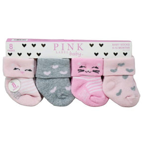Pickle And Dot 8 Pack Infant Socks in  Assorted Sizes 6-24 Months with Pink and Gray Design with Hearts