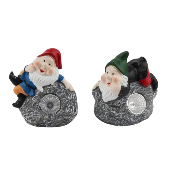 Solar Garden Gnome Statue Lounging on Rock with Built In LED Light
