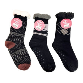 1 Pack Fuzzy Sock with Circular Grips in Assorted Winter Argyle Snowflake Designs
