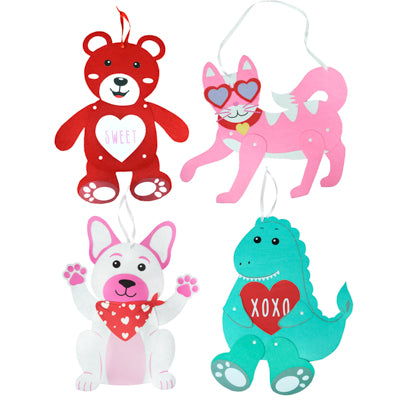 Cutout Felt Jointed Valentine Figures Hanging Decor 4 Asst Bear/dino/dog/cat Val Ht