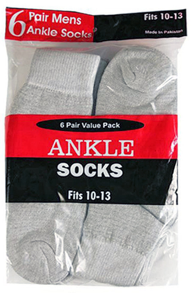Men's Grey Athletic Ankle Socks - Size 10-13 - 6-Pair Packs