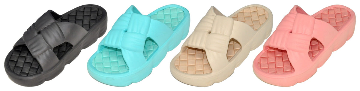Women's Wedge Slide Sandals w/ Embroidered Basketweve Design