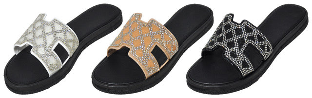 Women's Fashion Wedge Slide Sandals w/ Embroidered Rhinestones Patterns
