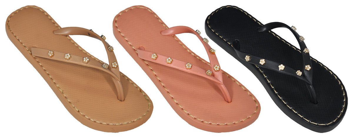 Women's Fashion Thong Slide Sandals w/ Embroidered Gems & Soft Footbed