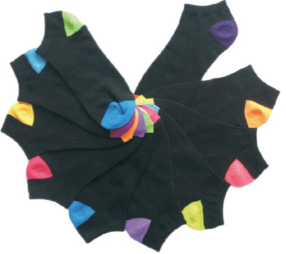 Women's No Show Novelty Socks - Black w/ Colorful Heel Print - 10-Pair Packs - Size 9-11