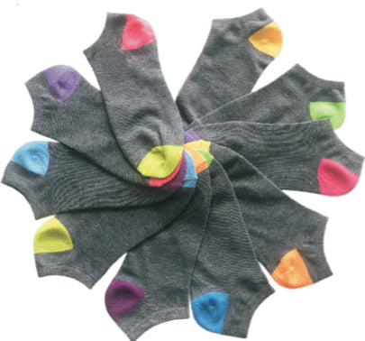 Women's No Show Novelty Socks - Grey w/ Colorful Heel Print - 10-Pair Packs - Size 9-11