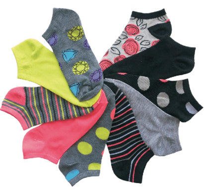 Women's No Show Novelty Socks - Diamond, Roses, & Polka Dot Print - 10-Pair Packs - Size 9-11