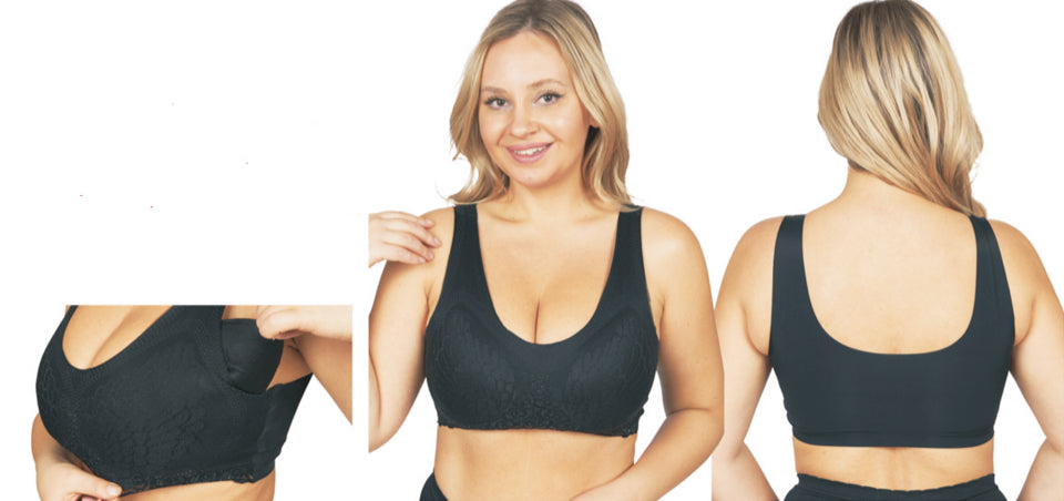 Women's Slip-On Padded Bras w/ Embroidered Mesh Pattern - Black