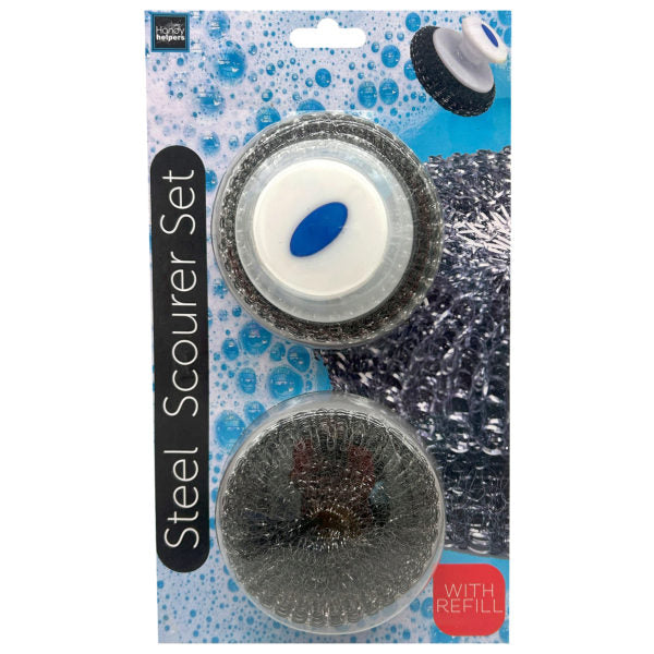 3 Piece Stainless Steel Scourer with Handle and Refill Set