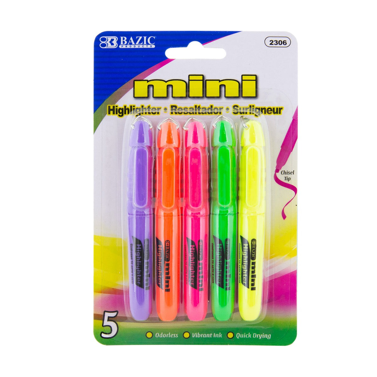Mini Fluorescent Highlighter w/ Cap Clip (5/Pack)